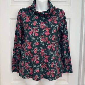 L.L.Bean Women’s Small Floral Cowl Neck Top Supima Cotton Green Red Long Sleeve
